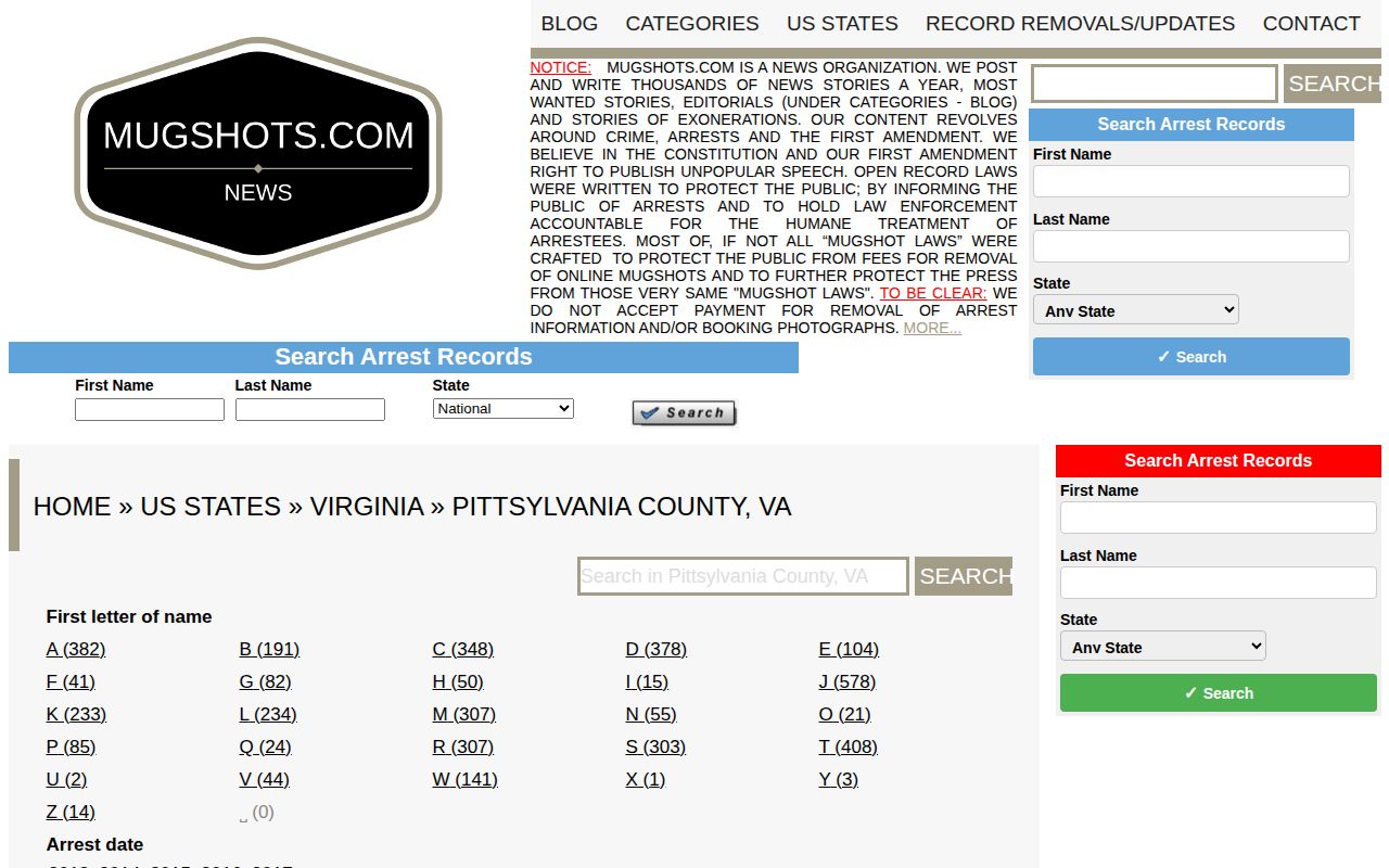 Historical Mugshots.com Pittsylvania County index page