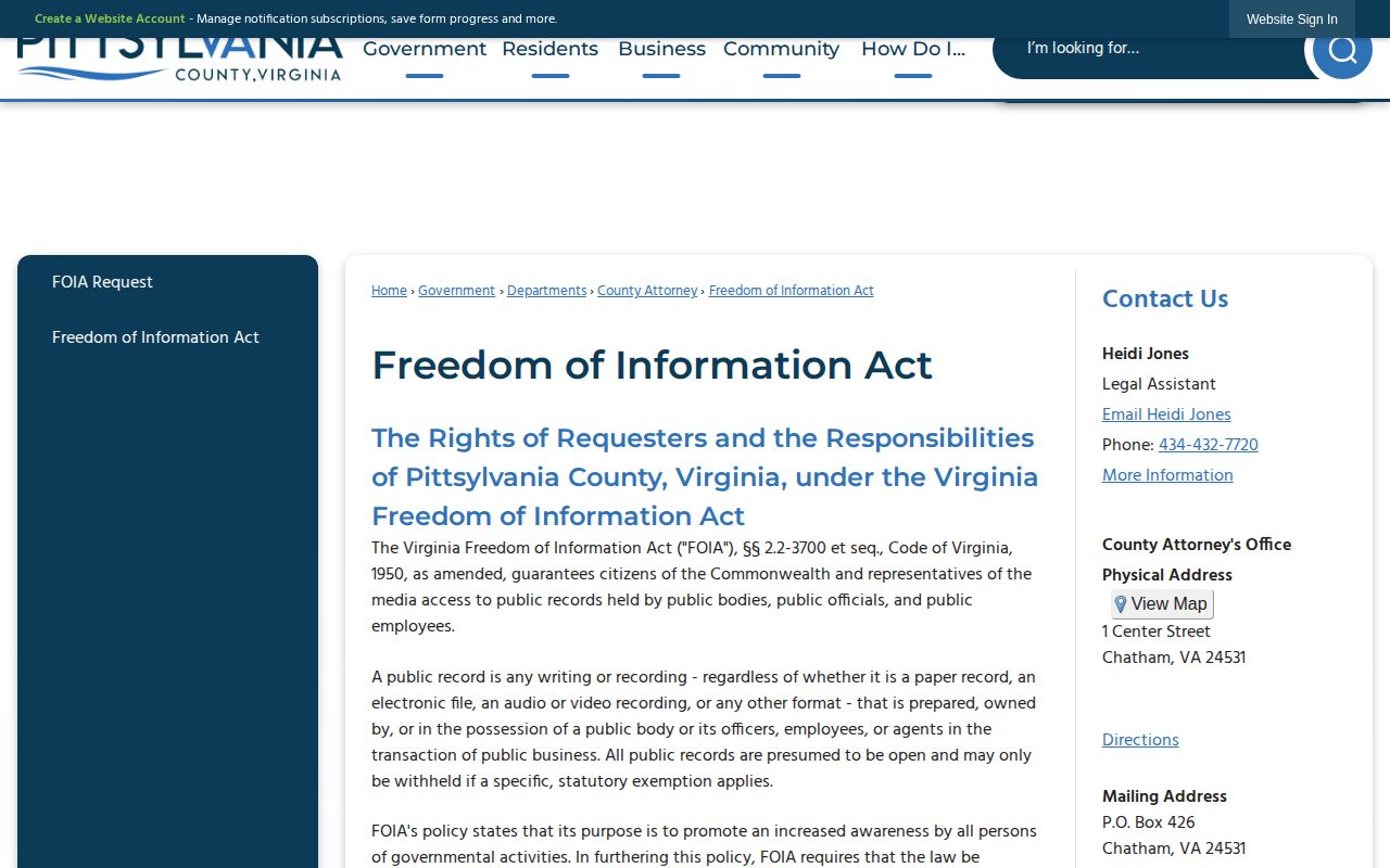 Pittsylvania County booking-record request guidance under Virginia FOIA