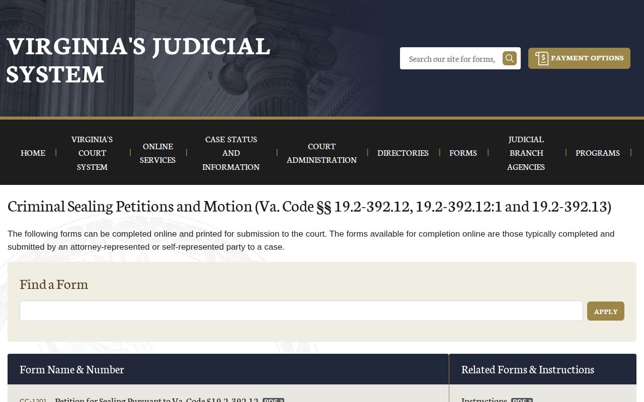 Pittsylvania County court-record sealing forms from the Virginia Judicial System